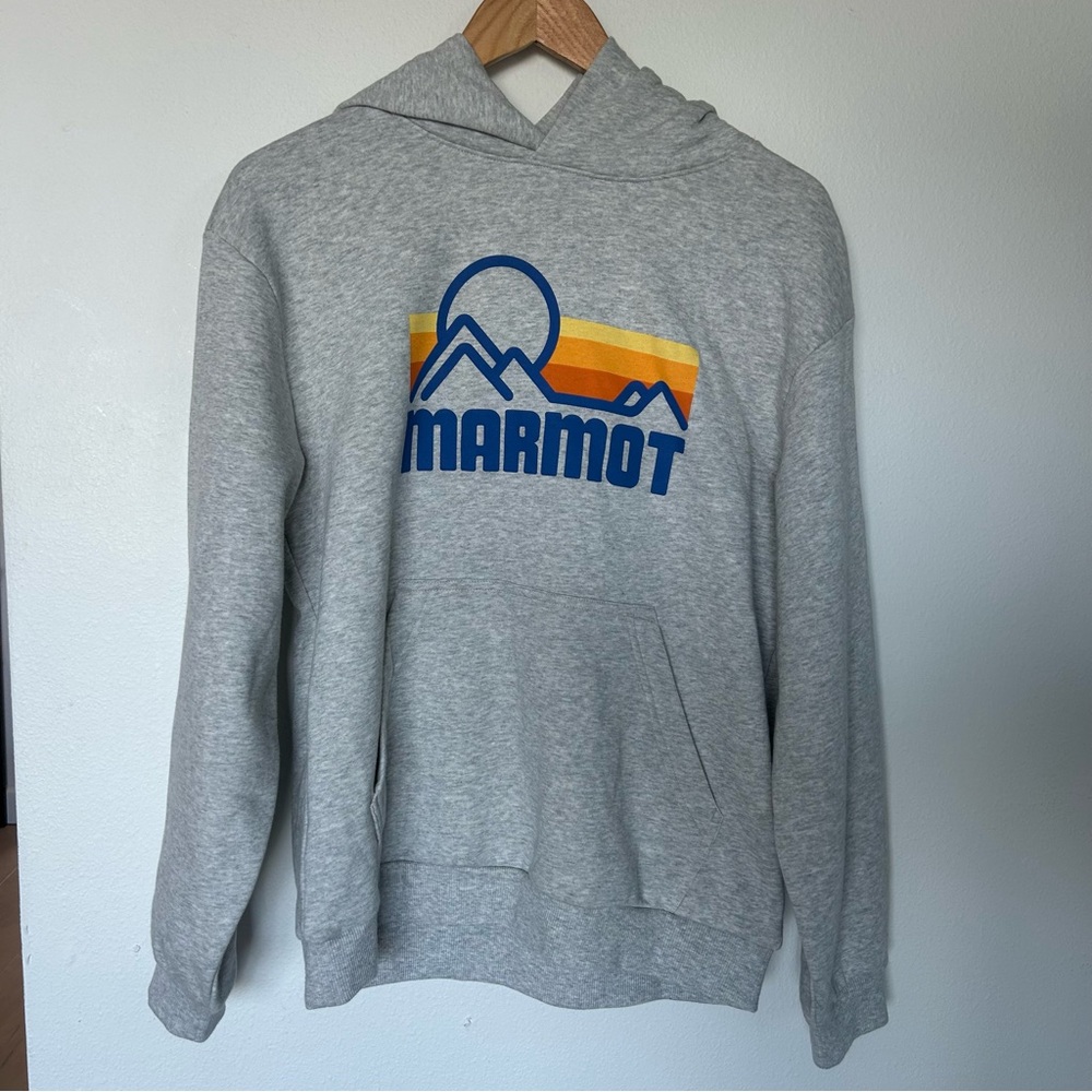 Marmot Light Gray Hoodie with Blue Logo and Sunset Stripe Medium NWOT